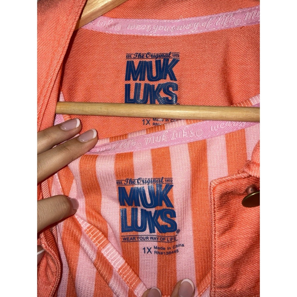 MUK LUKS Stretch Faux Denim Topper & Rib Knit Lounge Dress Cream/Stripe,Size 1X - Picture 5 of 5